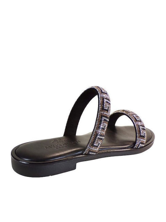 Leather Women's Flat Sandals in Black Color