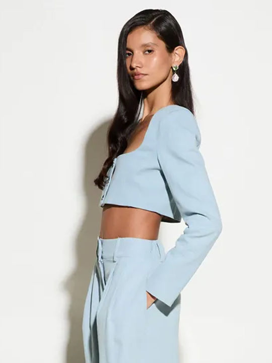 Γυναικείο Crop Top Βαμβακερό Μακρυμάνικο Γαλάζιο