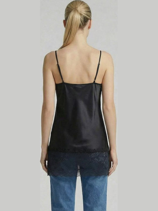Women's Satin Blouse with Spaghetti Straps Floral Black