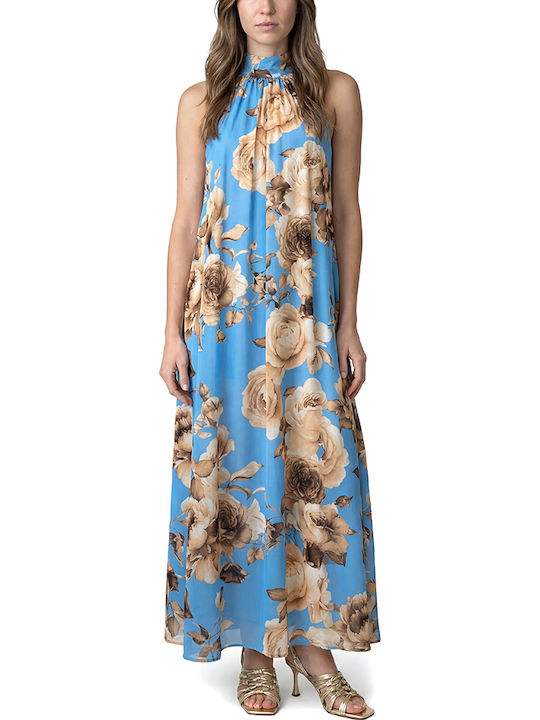 Damenkleider Maxi Abendkleid Satin Beige- Hellblau