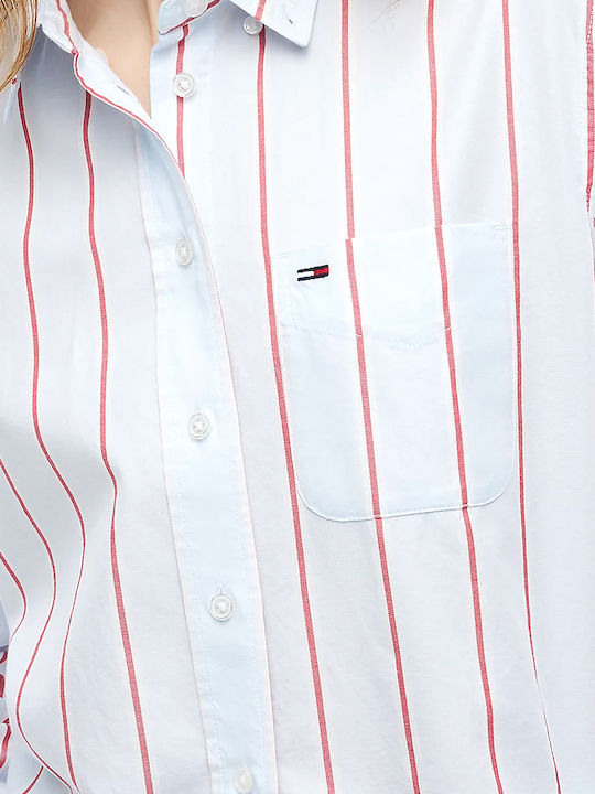 Long Sleeve Women's Denim Shirt Red-White-Light Blue Striped