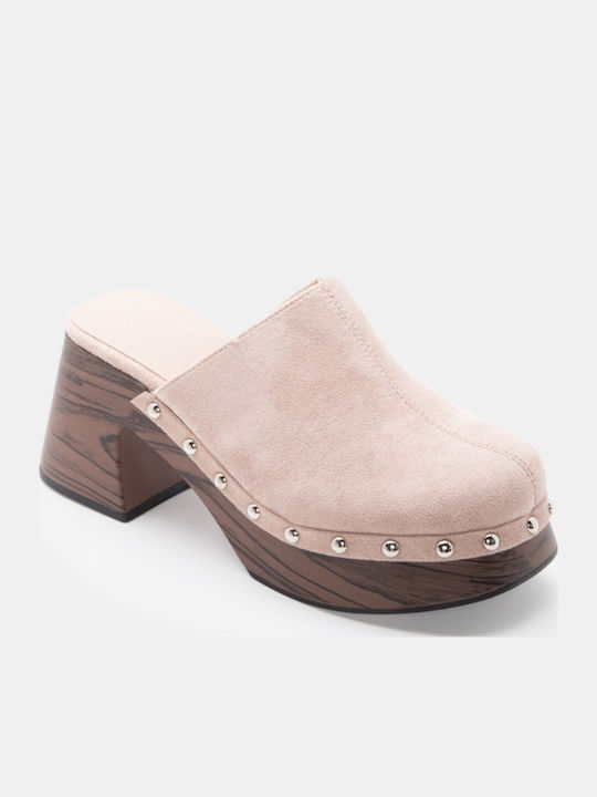 Suede Damen Pantoletten mit Hoch Absatz in Rosa Farbe