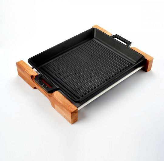 Tavă Grill Din Fontă 32 X 26 Cm Cu Bază Din Lemn Lava