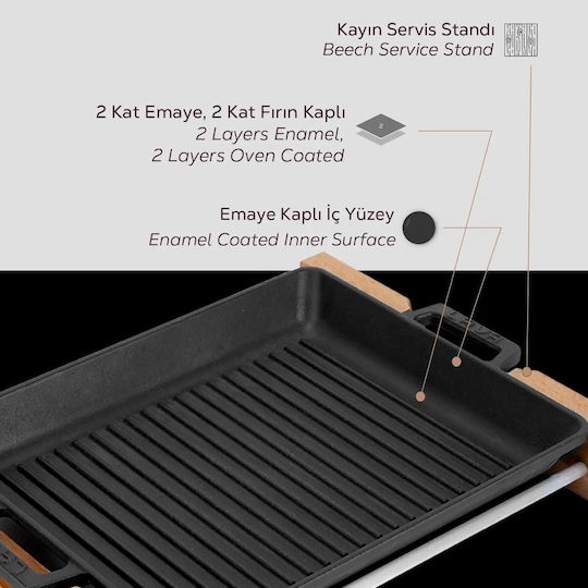 Tavă Grill Din Fontă 32 X 26 Cm Cu Bază Din Lemn Lava