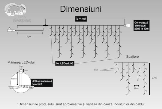 Instalație Crăciun 3 M 96 Leduri Ciucuri Alb Rece Flash Transformator Telecomandă Interconectabil Prelungitor 5 M Inclus Fir Negru Alista Home