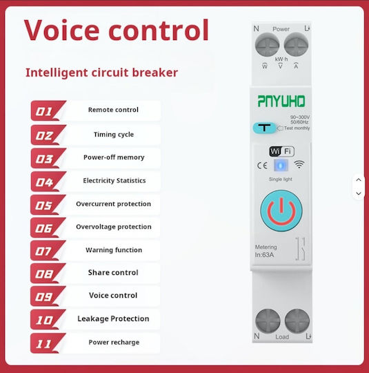Wi-Fi Smart RCBO 63A DIN Rail with Residual Current Relay 30mA Consumption Meter kWh Overvoltage Under Voltage and Overcurrent Protection Tuya Smart