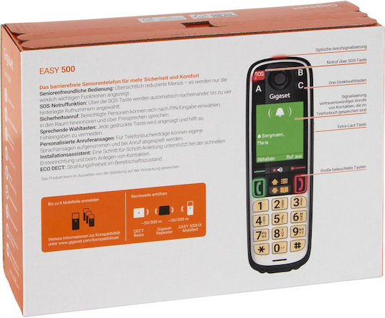 Gigaset Gigaset Easy 500 Black Dect Landline Phone Senior Phone 5.8 Cm 2.2 Inch Tft Color Display Sos Button Optical Call Signaling Phonebook