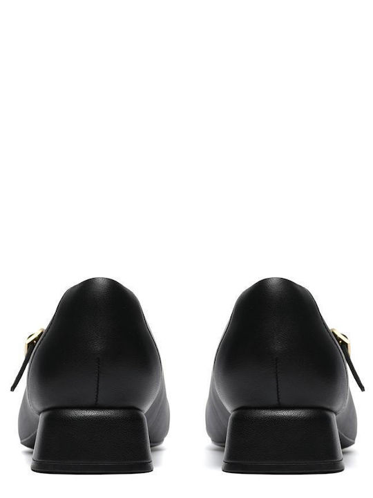Daiss30 Leather Pointed Toe Heels with Strap & Thin Low Heel Black