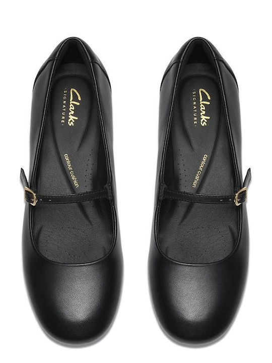 Daiss30 Leather Pointed Toe Heels with Strap & Thin Low Heel Black