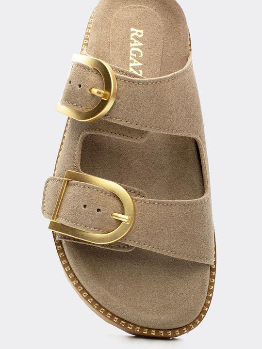 Leder Flache Damen Sandalen Beige