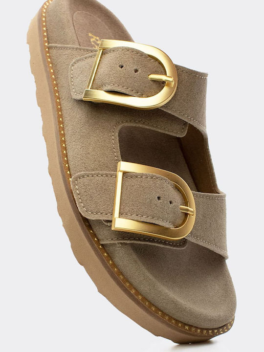 Leder Flache Damen Sandalen Beige