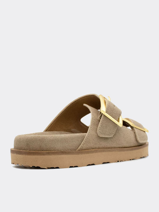 Leder Flache Damen Sandalen Beige