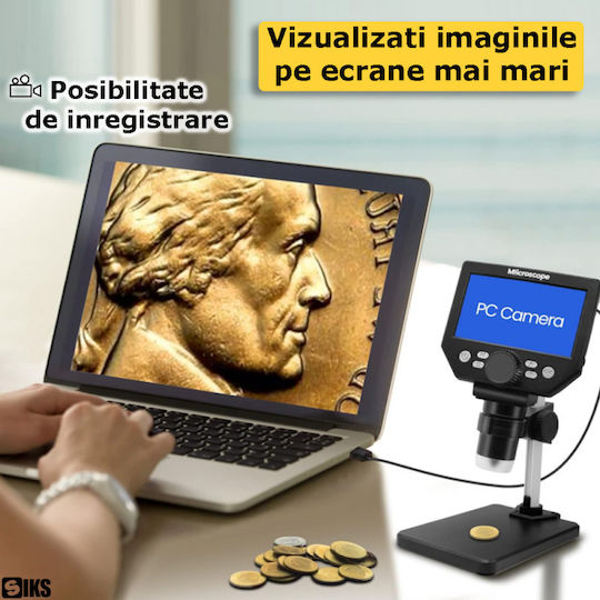 Siks Microscop Digital Ecran Lcd 4.3 Inch Full Hd Multifuncțional 1-1000x Reglabil 8 Led-uri Compatibil Windows Mac Suport Reglabil Capacitate Înregistrare Baterie Reîncărcabilă Portabil Monede Bijuterii Educație Negru