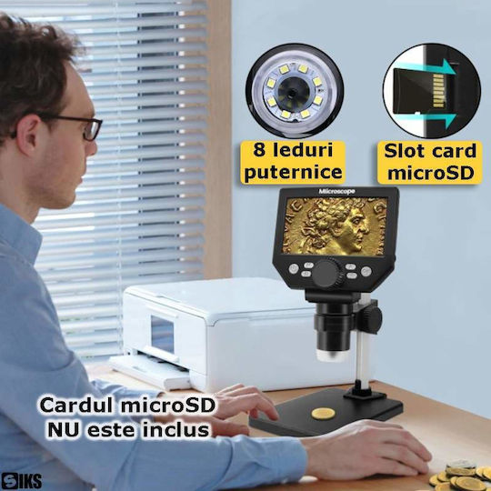 Siks Microscop Digital Ecran Lcd 4.3 Inch Full Hd Multifuncțional 1-1000x Reglabil 8 Led-uri Compatibil Windows Mac Suport Reglabil Capacitate Înregistrare Baterie Reîncărcabilă Portabil Monede Bijuterii Educație Negru
