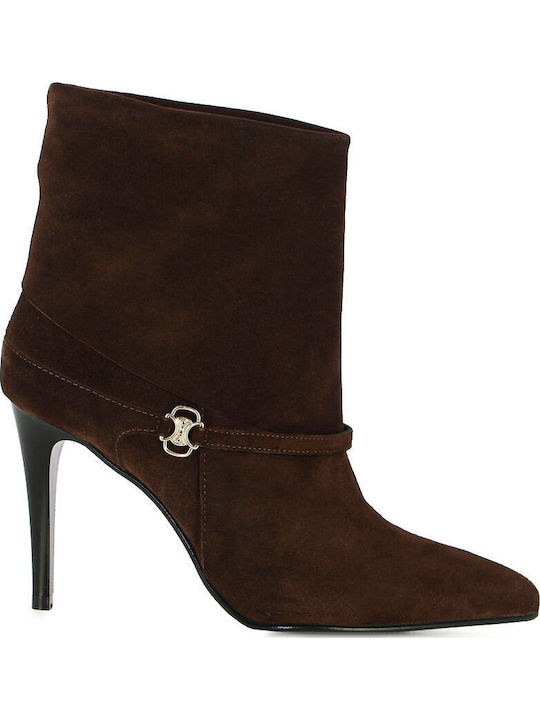 Leather Women's Ankle Boots with Medium Heel Brown
