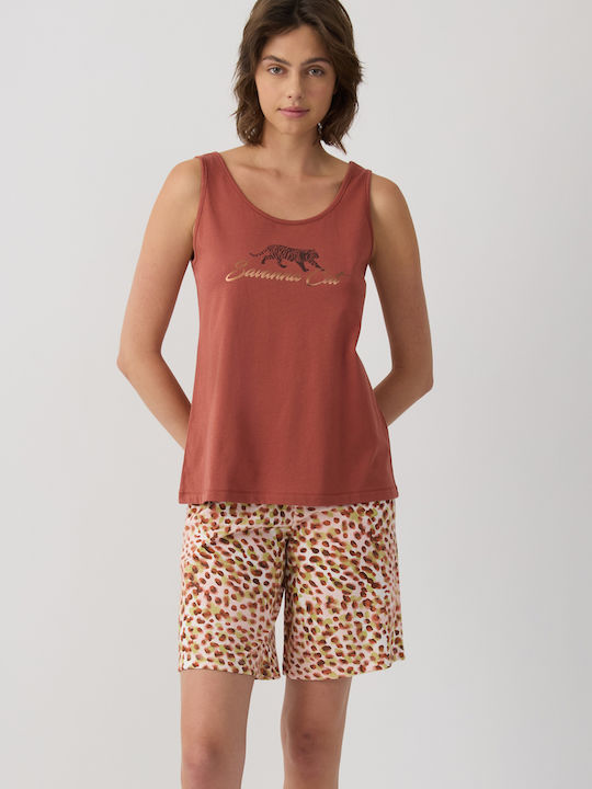 Minerva Summer Women's Cotton Pyjamas Set Terracotta Animal