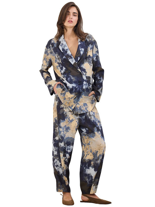 Women's High Rise Fabric Trousers with Rubber Band in Baggy Leg Style Blue