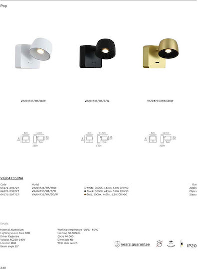 VK Lighting Wandleuchte mit Integrierte LED und Warmes Weiß Licht Schwarz