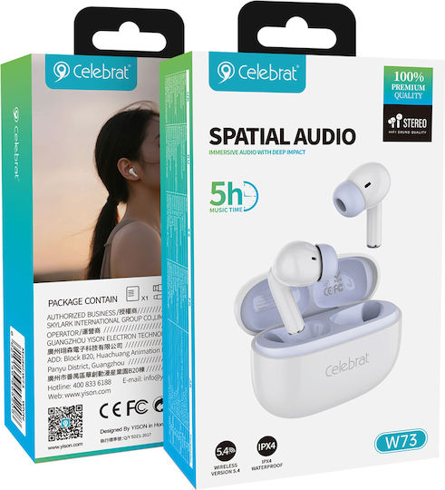 Celebrat W73 In-ear Bluetooth Handsfree Ακουστικά με Αντοχή στον Ιδρώτα και Θήκη Φόρτισης Λευκά
