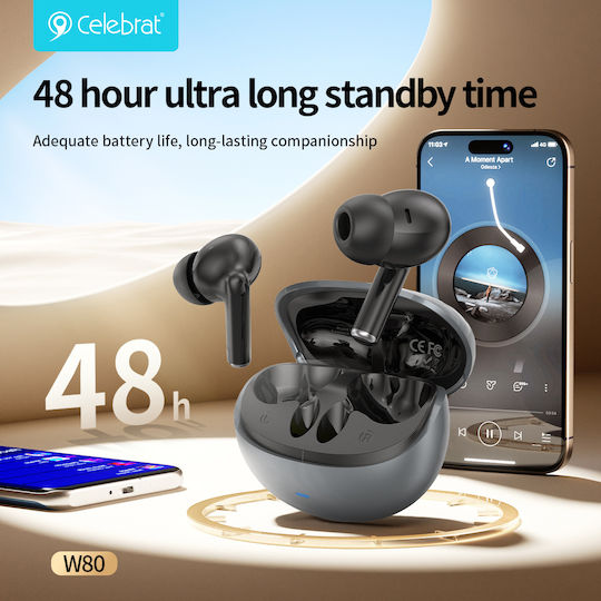 Celebrat W80 In-ear Bluetooth Handsfree Ακουστικά με Αντοχή στον Ιδρώτα και Θήκη Φόρτισης Γκρι