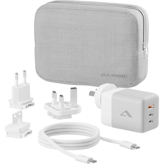 Alogic GaN Charger with USB-A Port and 2 USB-C Ports and USB-C - USB-C Cable 67W White