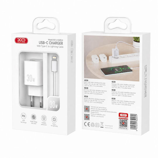 XO Charger GaN with USB-C Port and Cable USB-C - Lightning 30W Power Delivery Whites (L148)