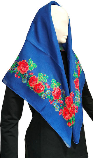Traditional Thrace Headscarf Multicolor Floral 90x90cm Mark196 Royal Blue