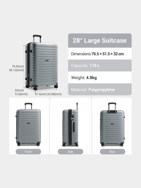 Miss Lulu Large Hard Travel Suitcase Grey Height 75cm