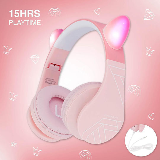 PowerLocus P1 Line Ασύρματα / Ενσύρματα Παιδικά Over Ear Ακουστικά με 9 ώρες Λειτουργίας Ροζ Με Αυτιά