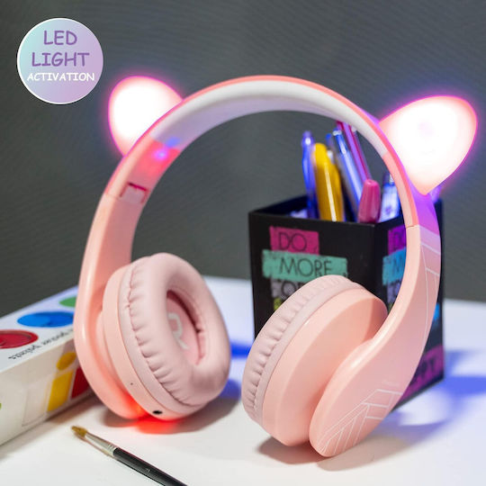 PowerLocus P1 Line Ασύρματα / Ενσύρματα Παιδικά Over Ear Ακουστικά με 9 ώρες Λειτουργίας Ροζ Με Αυτιά