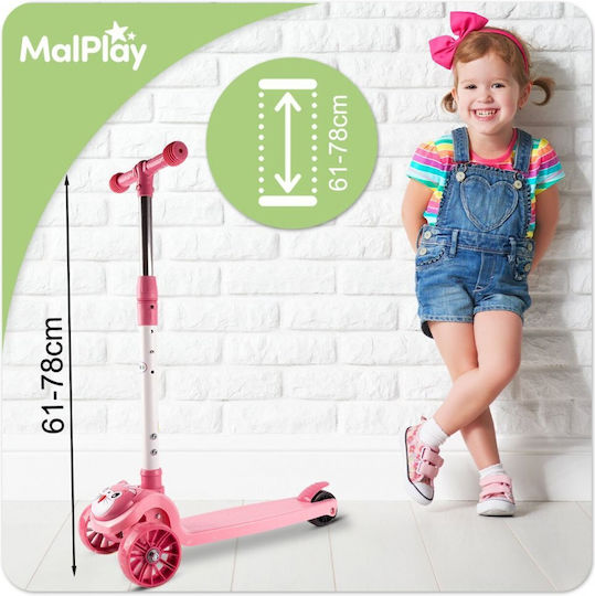 MalPlay Scuter Copii 3 Roți Cu Iluminare LED Pentru Vârsta 3+ Roz