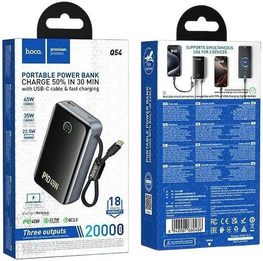 Hoco Q54 Shine Power Bank 20000mAh 45W with USB-A Port and USB-C Power Delivery / Quick Charge 3.0 Black