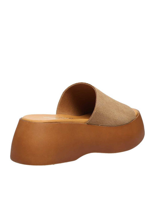 Leather Women's Flat Sandals Flatforms Tabac Brown