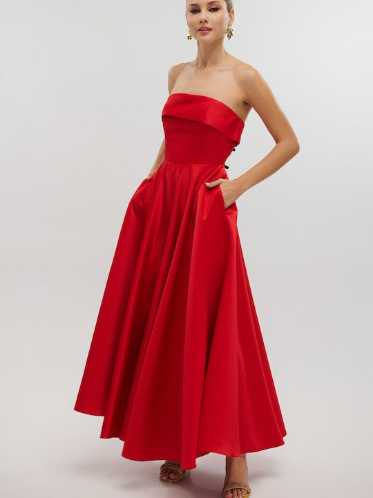 Καλοκαιρινό Maxi Φόρεμα για Γάμο / Βάπτιση Strapless Σατέν Κόκκινο