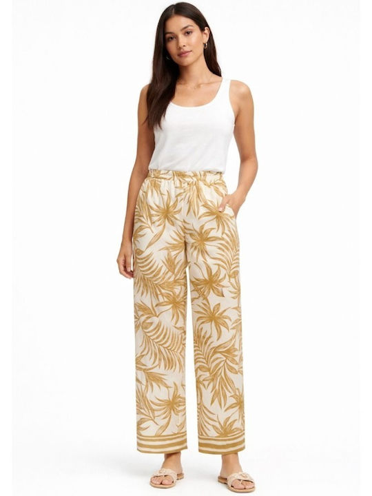 Women's Fabric Trousers with Rubber Band in Loose Fit Floral Brown