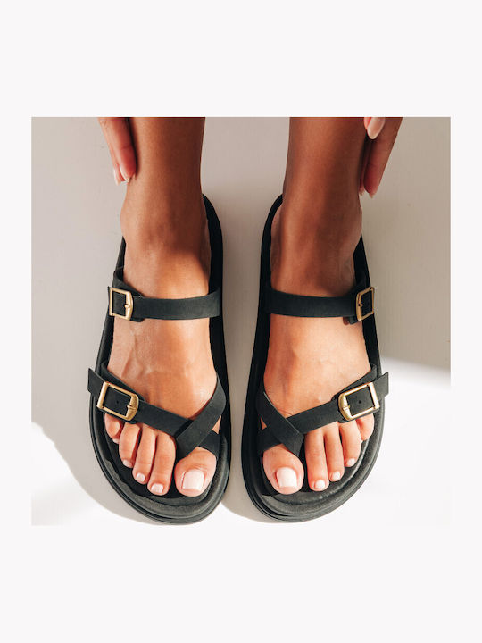 Δερμάτινα Γυναικεία Σανδάλια Flatforms Μαύρα