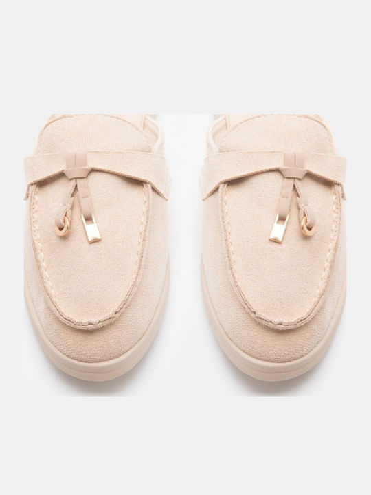 Flat Wildleder Damen Pantoletten in Beige Farbe