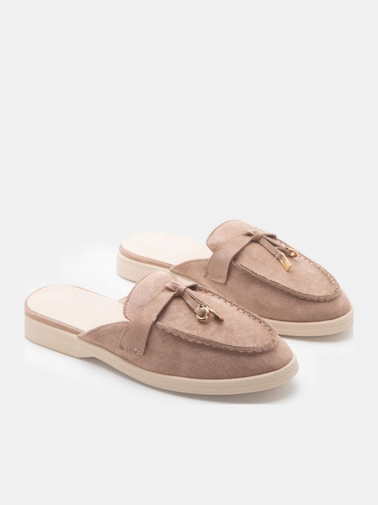 Pantofi Mules Dama Flat Din Catifea Bej Culoare Full Face