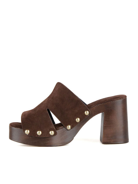 Suede Mules With High Heel In Brown Colour