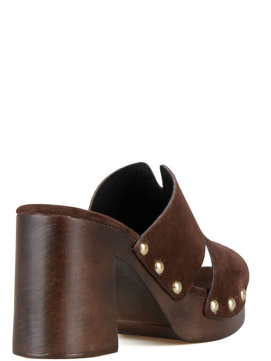 Suede Mules With High Heel In Brown Colour