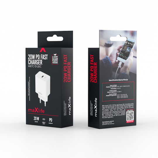 Maxlife Ladegerät ohne Kabel mit USB-C Anschluss 20W Stromlieferung Weißs (MXTC-13-20C)
