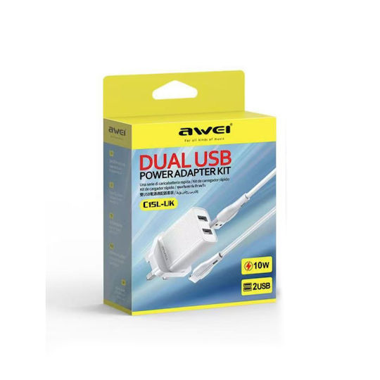 Awei Charger with 2 USB-A Ports and Cable Lightning 10W Whites (C15L-UK)