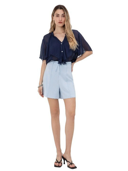 Short Sleeve Women's Silky Shirt Navy Blue