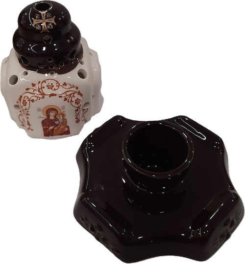 Ceramic Glazed Church Vigil Oil Lamp Dark Brown White 16cm Height 16cm Width