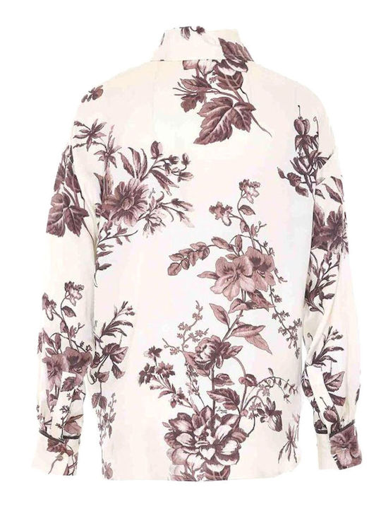 Langärmeliges Damen Seidenblumen-Hemd in Creme-Braun