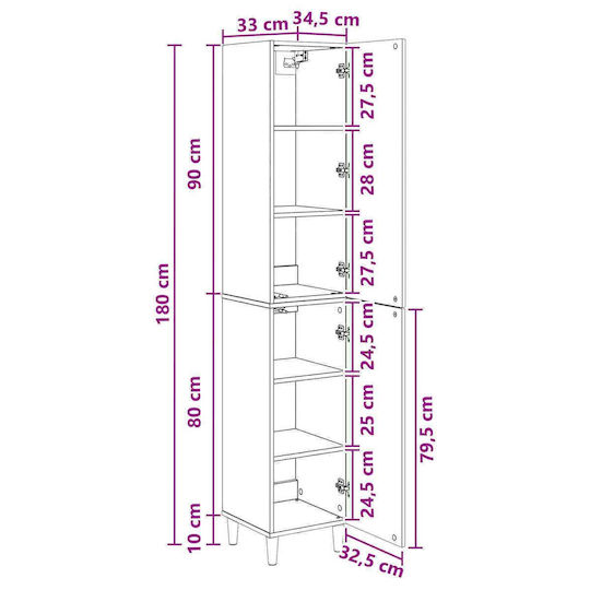 vidaXL Bathroom Floor Column Cabinet L33xD34.5xH90cm White