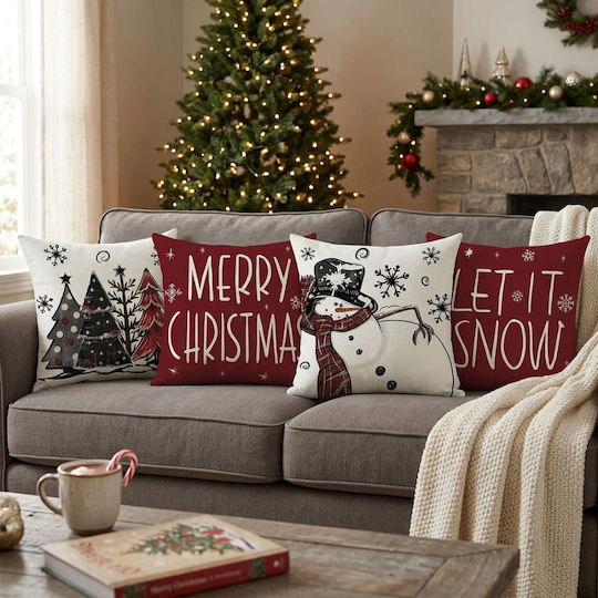 Linen Christmas Pillow Covers Set 4 Pieces 40x40 Cm Decorative
