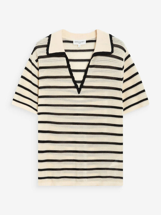 Women's Polo Blouse Short Sleeve Striped Ecru