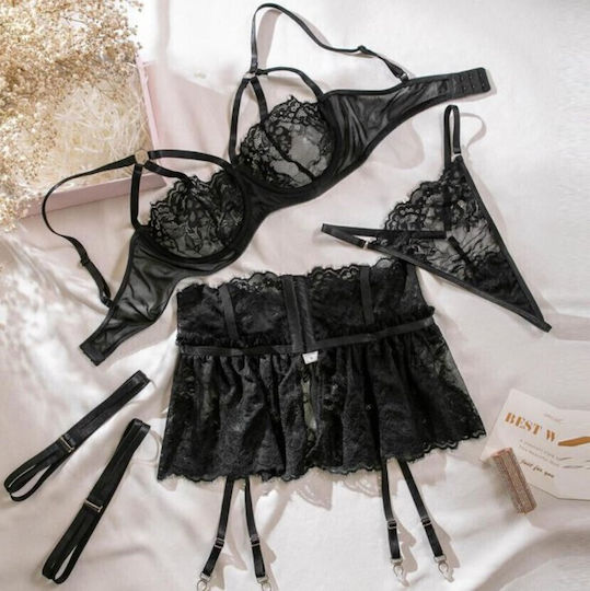 Roza Underwear Rz640 Women's Sexy Lingerie Set Lace Garters String & Bra Black Sleepwear Set