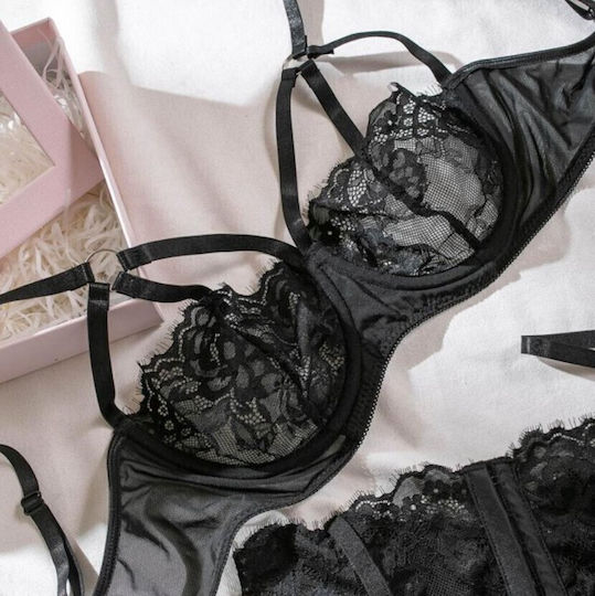 Roza Underwear Rz640 Women's Sexy Lingerie Set Lace Garters String & Bra Black Sleepwear Set